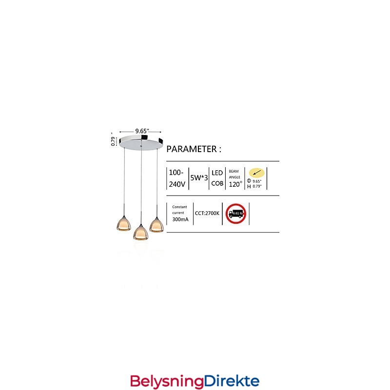 3-Lyss Pendellampe I To Lag, Sprukket Glass, Polert Krom
