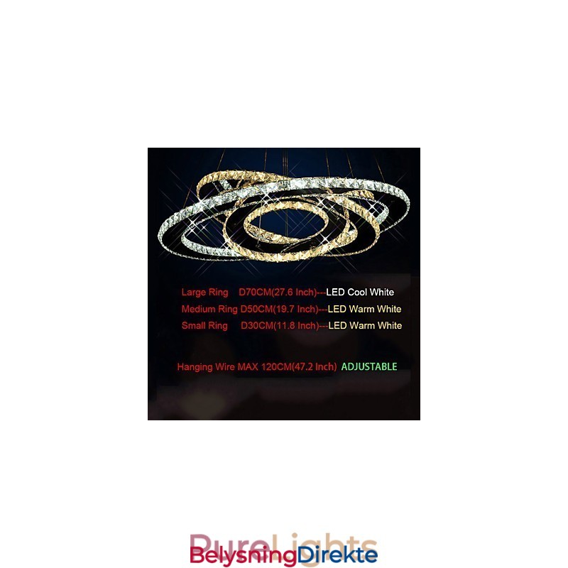 Krystall Pendellampe I Taket Med 3 Ringer I Varmt Og Kaldt Hvitt