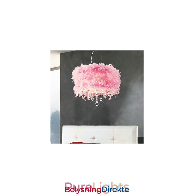 Krystall Pendellampe Med 5 Lys I Rosa Fjærskjerm