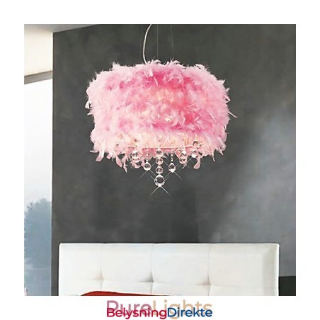 Krystall Pendellampe Med 5 Lys I Rosa Fjærskjerm