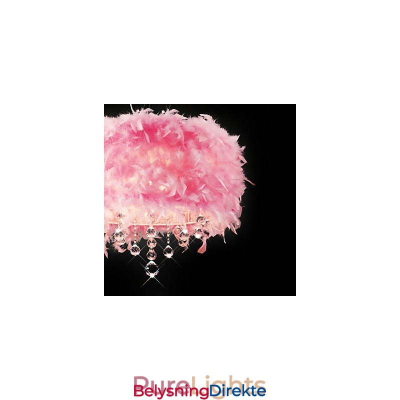 Krystall Pendellampe Med 5 Lys I Rosa Fjærskjerm