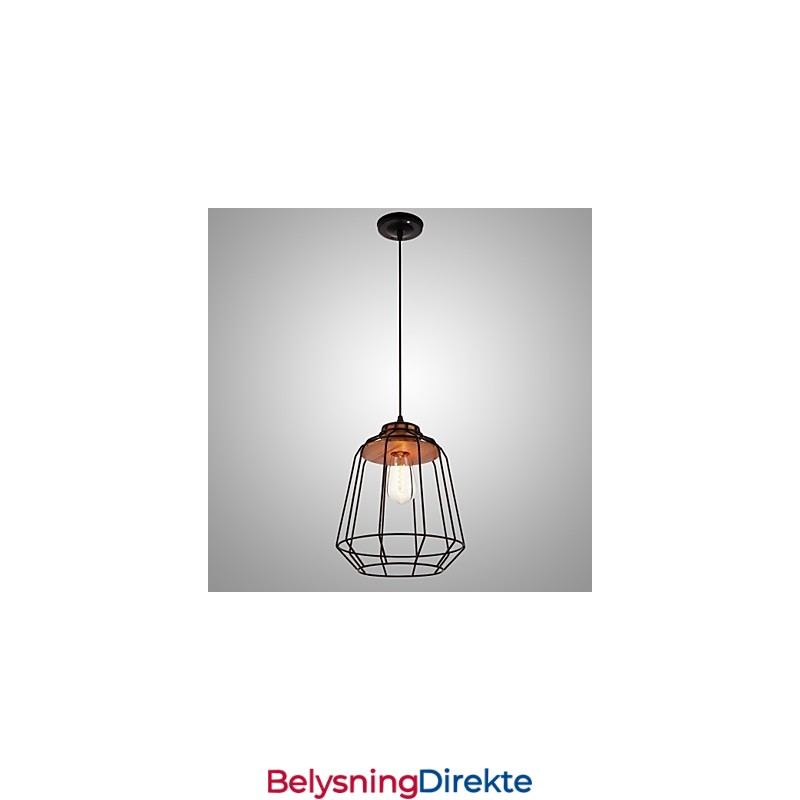 Pendellampe I Jernmaleri Med Tresenter I Jernbur