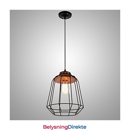 Pendellampe I Jernmaleri Med Tresenter I Jernbur