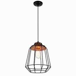 Pendellampe I Jernmaleri Med Tresenter I Jernbur