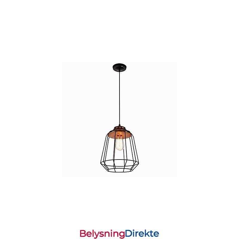 Pendellampe I Jernmaleri Med Tresenter I Jernbur