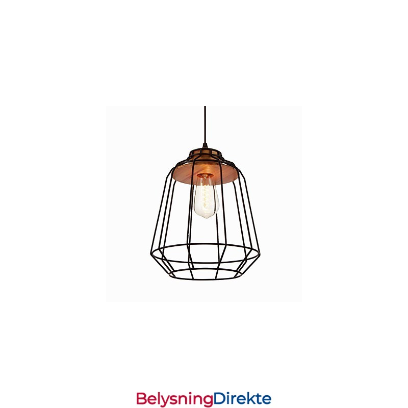 Pendellampe I Jernmaleri Med Tresenter I Jernbur