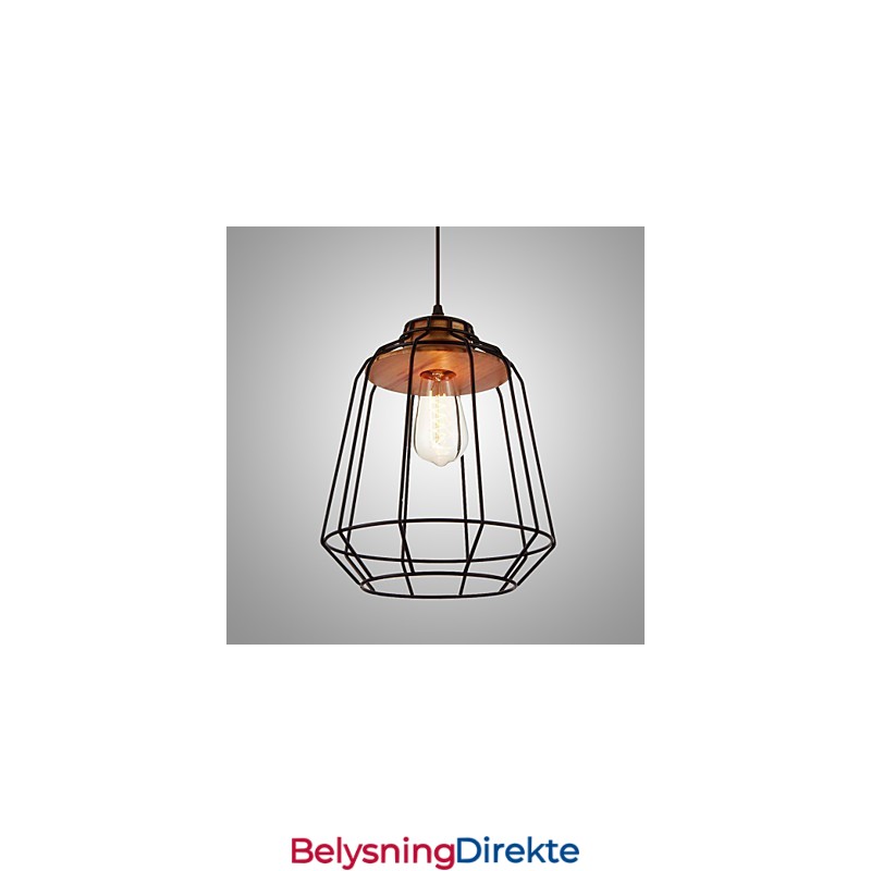 Pendellampe I Jernmaleri Med Tresenter I Jernbur