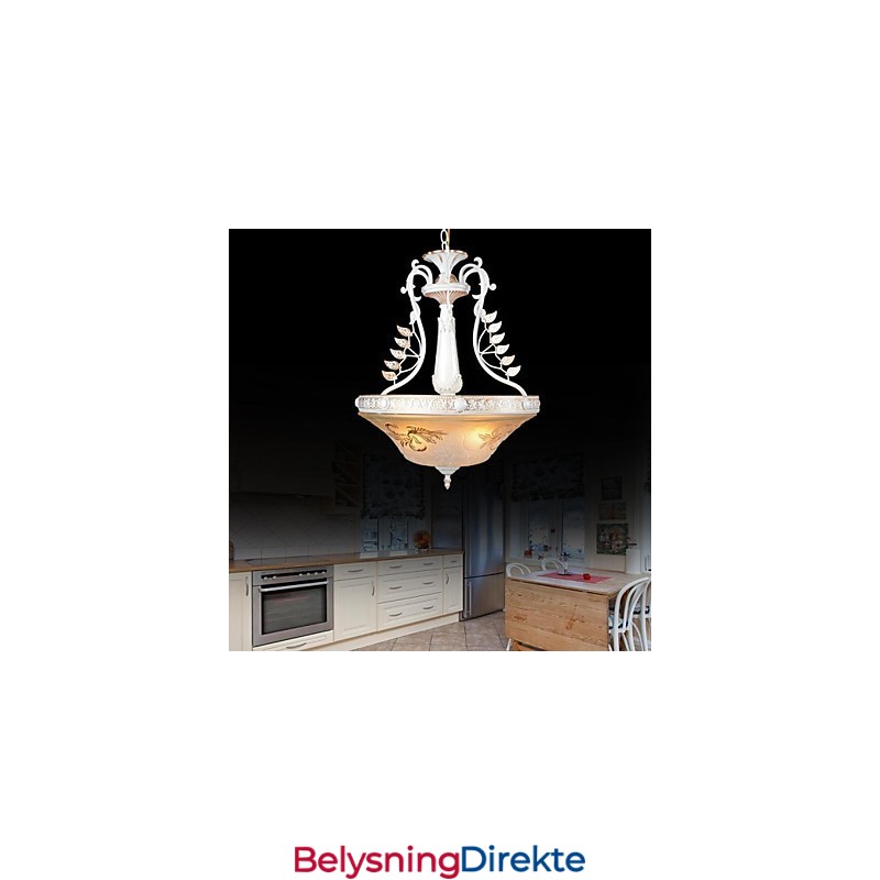 Hvit Anheng Med Tre Lys, Mønster, Glassskjerm, Håndforgylt, Europeisk Retroklassiker