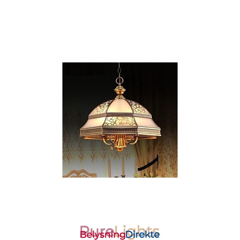 Messing Pendellampe Seks Lys Vintage I Kobberglass