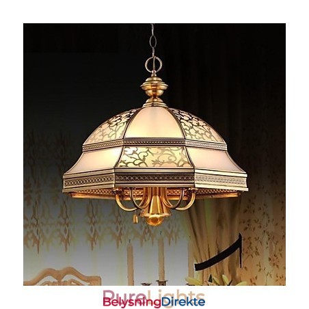 Messing Pendellampe Seks Lys Vintage I Kobberglass