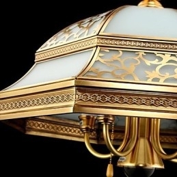 Messing Pendellampe Seks Lys Vintage I Kobberglass