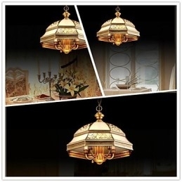 Messing Pendellampe Seks Lys Vintage I Kobberglass