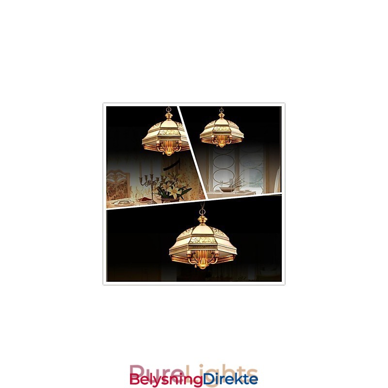 Messing Pendellampe Seks Lys Vintage I Kobberglass