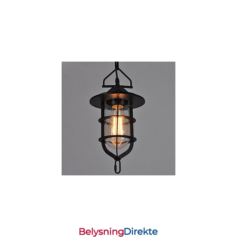 Medium Vintage Svart Burformet Anhengslampe I Glass Og Metall Med Deksel