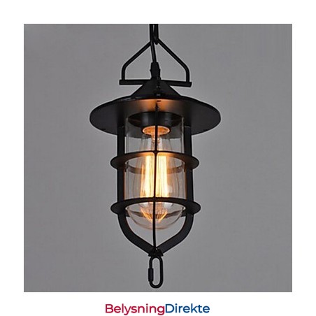 Medium Vintage Svart Burformet Anhengslampe I Glass Og Metall Med Deksel