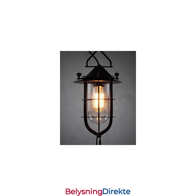 Medium Vintage Svart Burformet Anhengslampe I Glass Og Metall Med Deksel