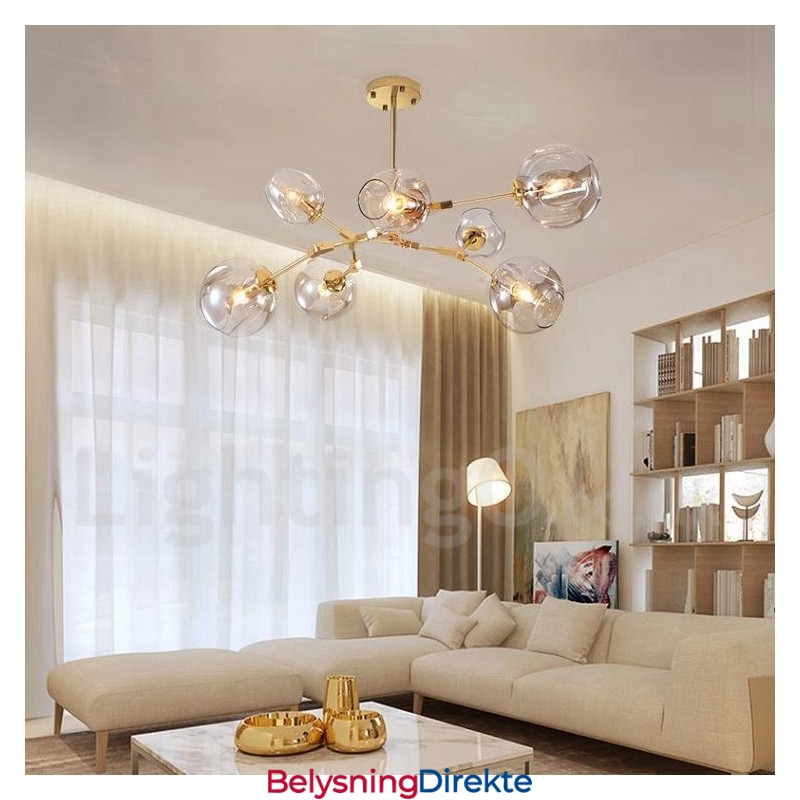 Moderne, Samtidskunstnerisk Lysekrone Med 7 Lys, Skjerm Og Lampe I Klart Glass