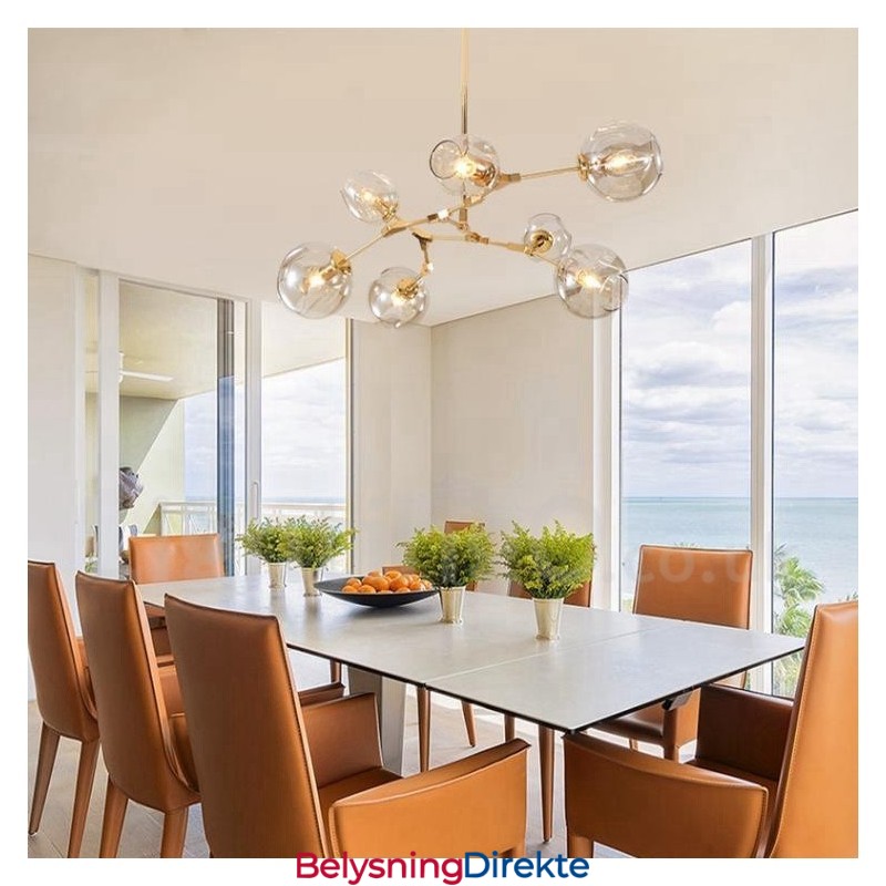 Moderne, Samtidskunstnerisk Lysekrone Med 7 Lys, Skjerm Og Lampe I Klart Glass