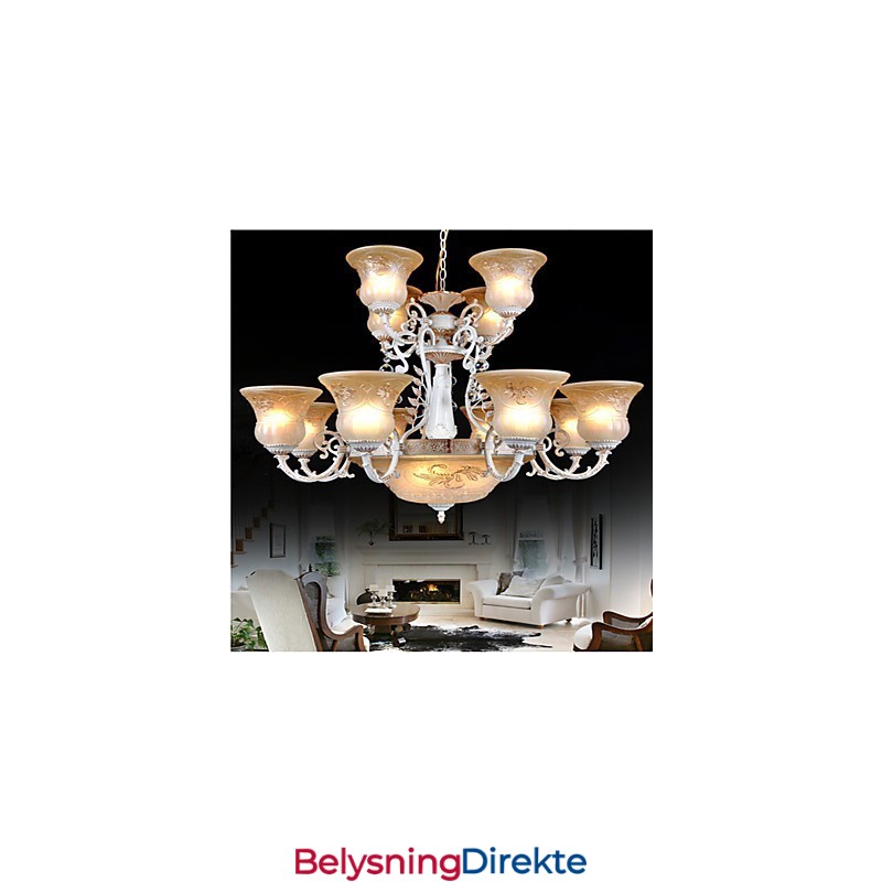 Hvit Lysekrone Med Femten Lys, Mønster, Glassskjerm, Håndforgylt, Europeisk Retroklassiker
