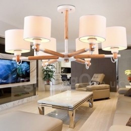 Moderne Og Samtidskunstnerisk Lysekrone I Tre Med 6 Lyskilder Og Trommestoff (Svart Og Hvit)