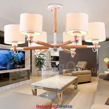 Moderne Og Samtidskunstnerisk Lysekrone I Tre Med 6 Lyskilder Og Trommestoff (Svart Og Hvit)