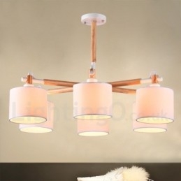 Moderne Og Samtidskunstnerisk Lysekrone I Tre Med 6 Lyskilder Og Trommestoff (Svart Og Hvit)