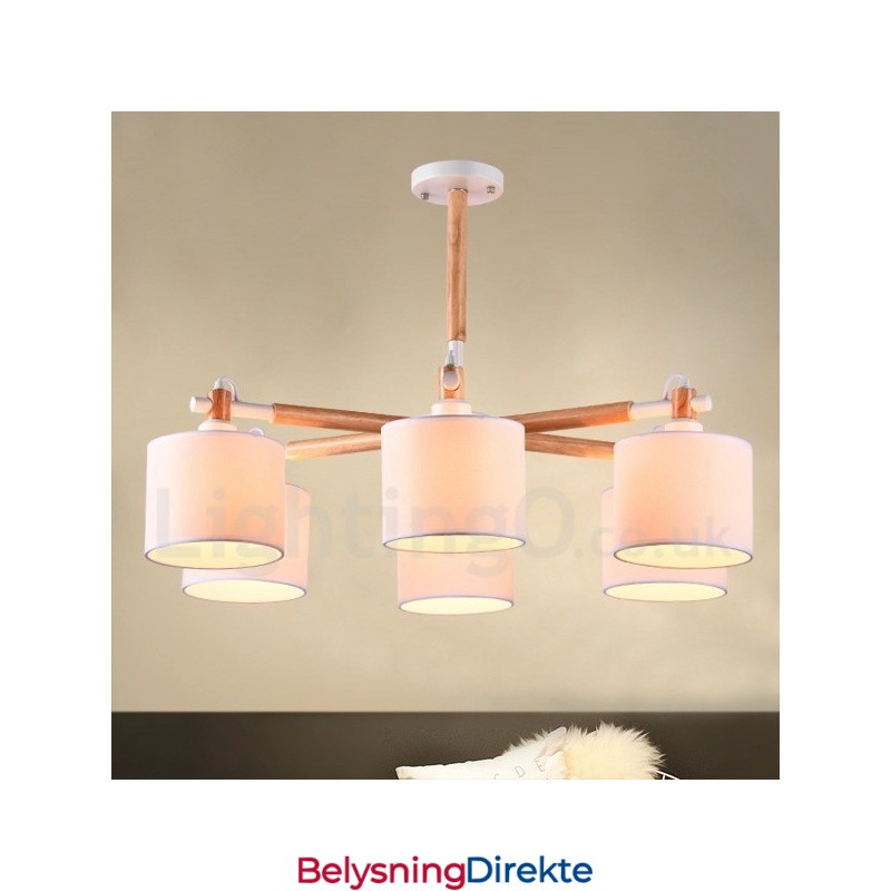 Moderne Og Samtidskunstnerisk Lysekrone I Tre Med 6 Lyskilder Og Trommestoff (Svart Og Hvit)