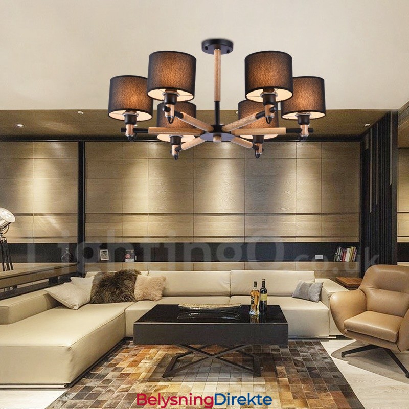 Moderne Og Samtidskunstnerisk Lysekrone I Tre Med 6 Lyskilder Og Trommestoff (Svart Og Hvit)