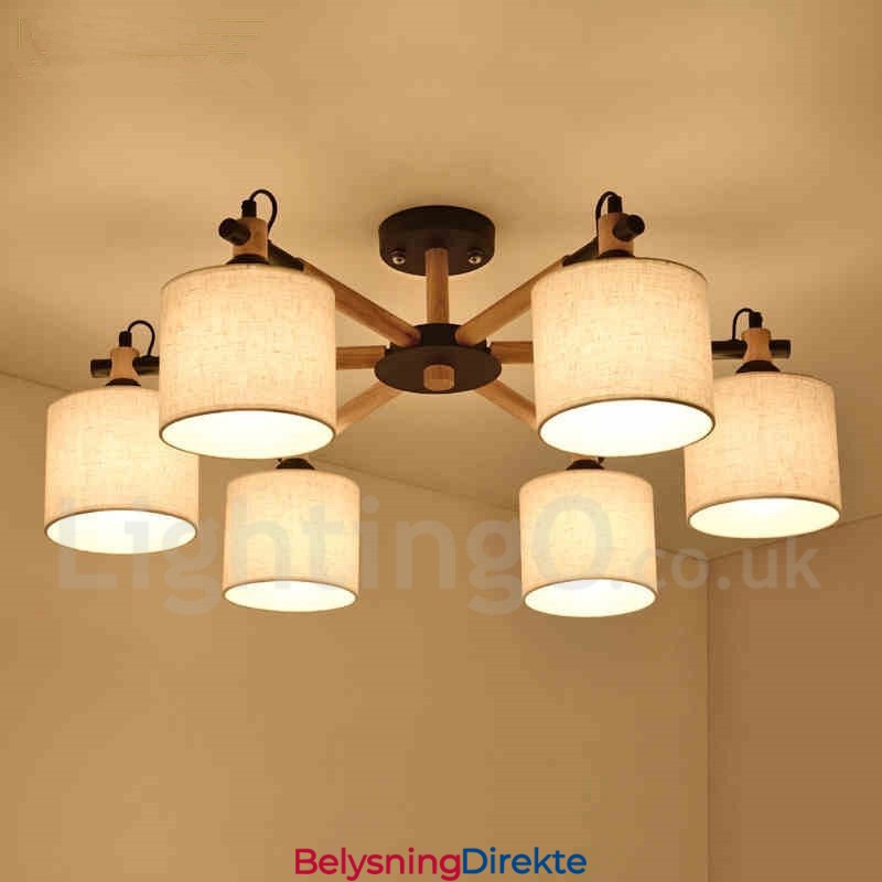 Moderne Og Samtidskunstnerisk Lysekrone I Tre Med 6 Lyskilder Og Trommestoff (Svart Og Hvit)