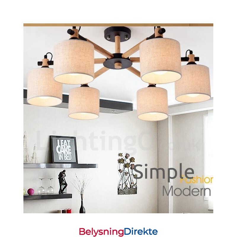 Moderne Og Samtidskunstnerisk Lysekrone I Tre Med 6 Lyskilder Og Trommestoff (Svart Og Hvit)