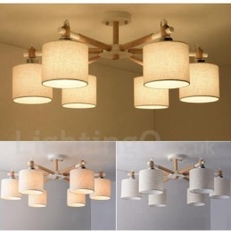 Moderne Og Samtidskunstnerisk Lysekrone I Tre Med 6 Lyskilder Og Trommestoff (Svart Og Hvit)