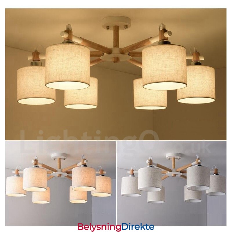 Moderne Og Samtidskunstnerisk Lysekrone I Tre Med 6 Lyskilder Og Trommestoff (Svart Og Hvit)