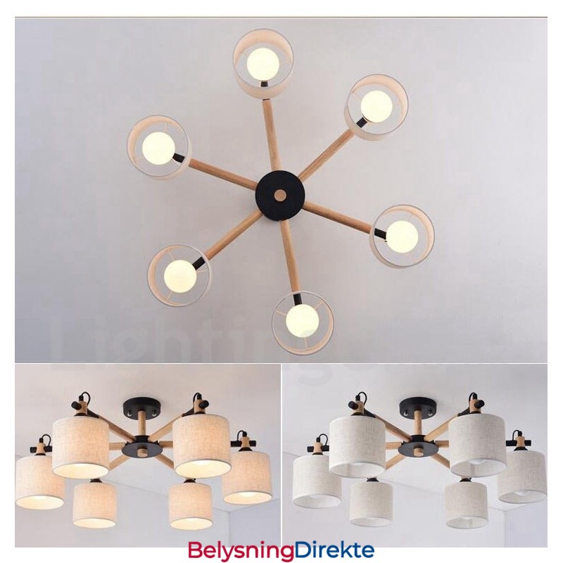 Moderne Og Samtidskunstnerisk Lysekrone I Tre Med 6 Lyskilder Og Trommestoff (Svart Og Hvit)