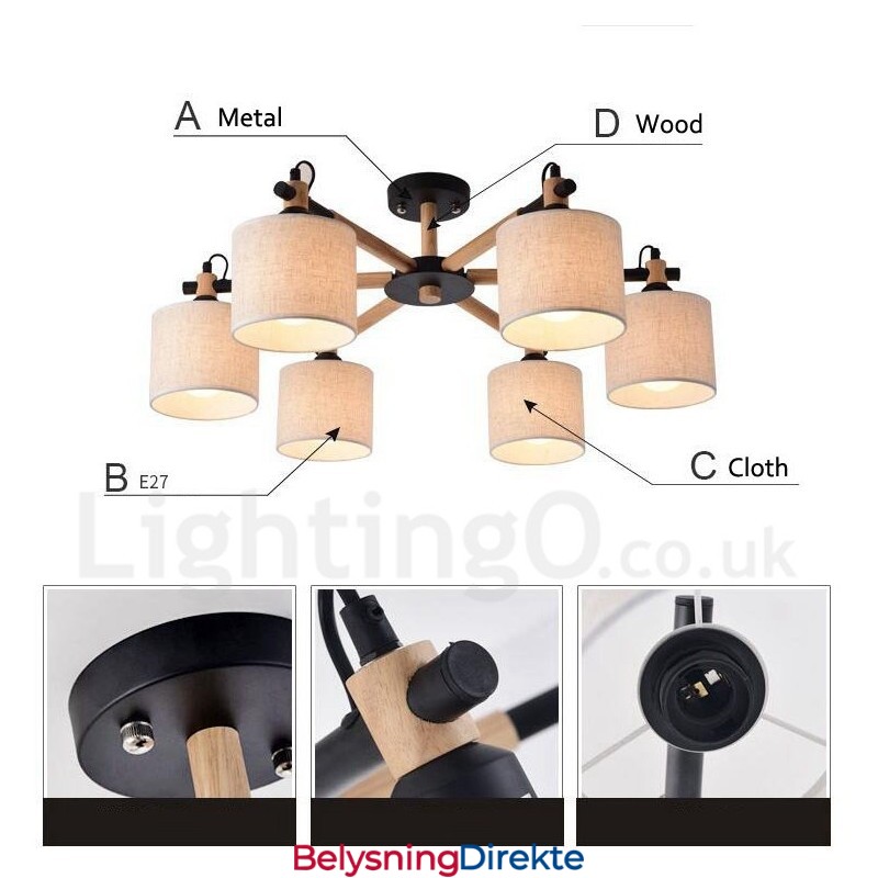 Moderne Og Samtidskunstnerisk Lysekrone I Tre Med 6 Lyskilder Og Trommestoff (Svart Og Hvit)