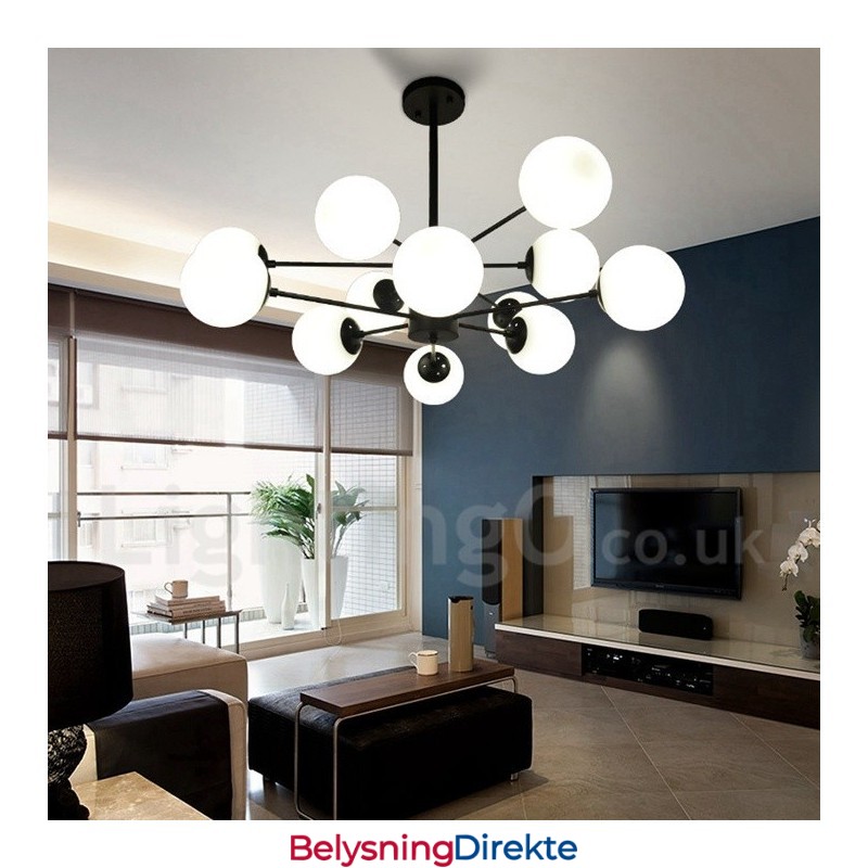 Svart Lysekrone I Metall Med 12 Lys Og 2 Etasjer Og Glassskjerm, Moderne Og Samtidsstil