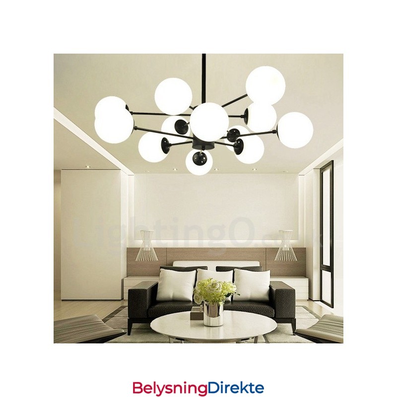 Svart Lysekrone I Metall Med 12 Lys Og 2 Etasjer Og Glassskjerm, Moderne Og Samtidsstil