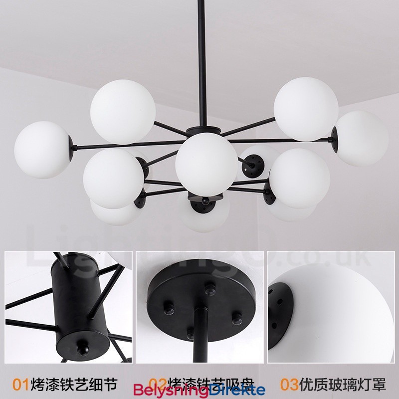 Svart Lysekrone I Metall Med 12 Lys Og 2 Etasjer Og Glassskjerm, Moderne Og Samtidsstil