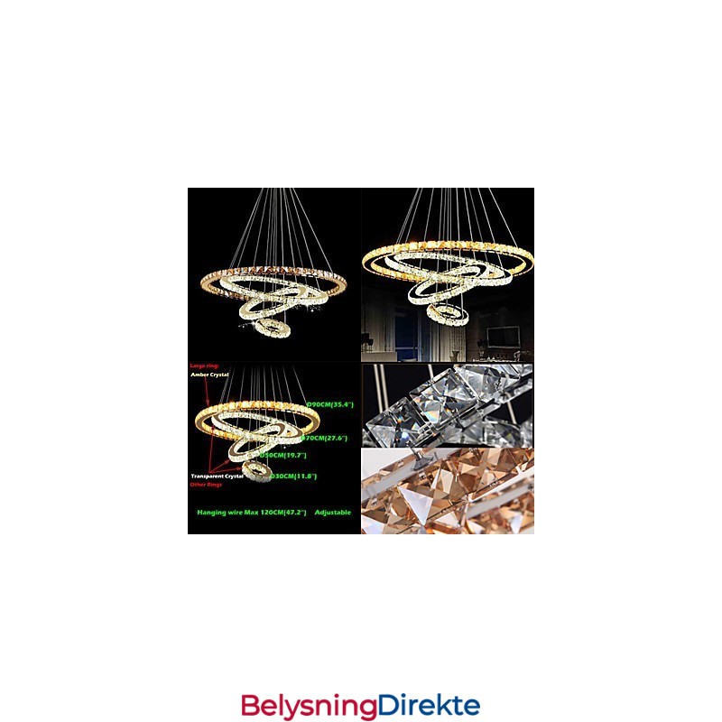 Moderne Krystall Pendellampe I Tak Med 4 Ringer, Stor Ring, Ravkrystall Og Annen Klar Krystall