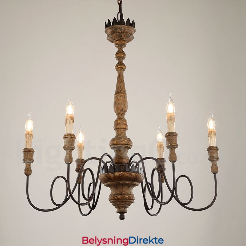 Landlig Vintage Lysekrone I Tre Med 6 Lys