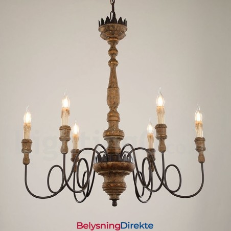 Landlig Vintage Lysekrone I Tre Med 6 Lys