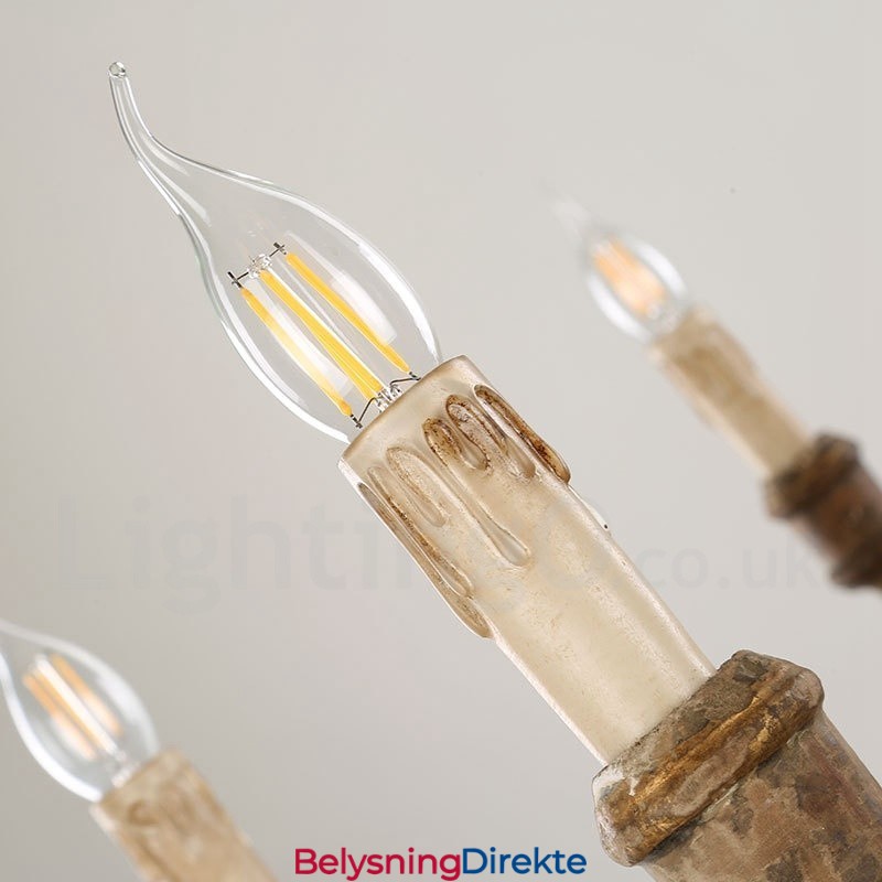 Landlig Vintage Lysekrone I Tre Med 6 Lys