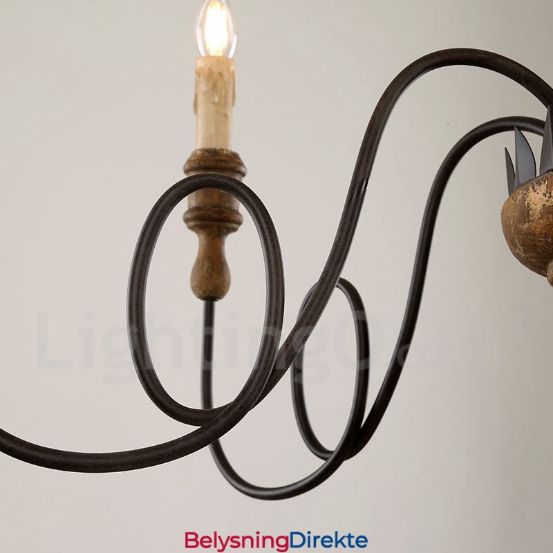 Landlig Vintage Lysekrone I Tre Med 6 Lys