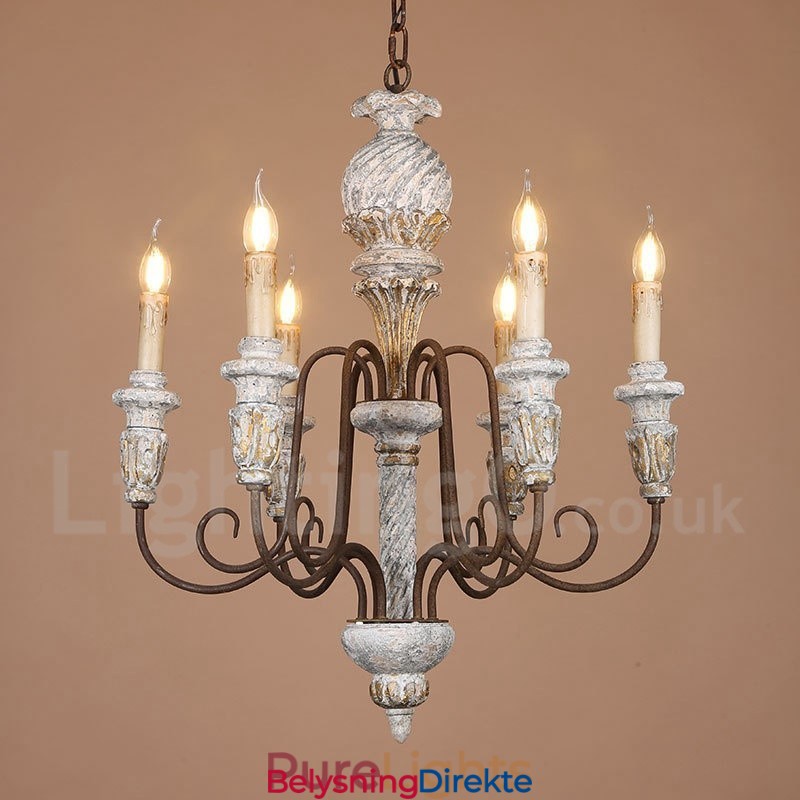 Landlig Vintage Trelysekrone Med 6 Lys I Ett Nivå For Lys