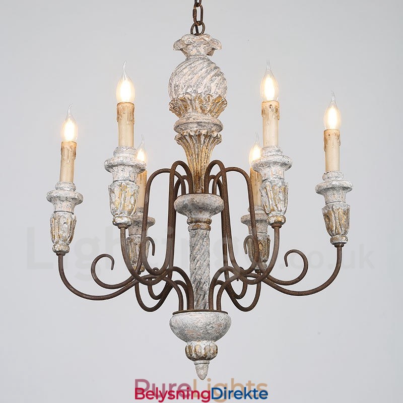 Landlig Vintage Trelysekrone Med 6 Lys I Ett Nivå For Lys