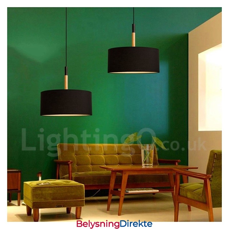 Moderne Og Moderne Trommependellampe I Tre Med Stoffskjerm