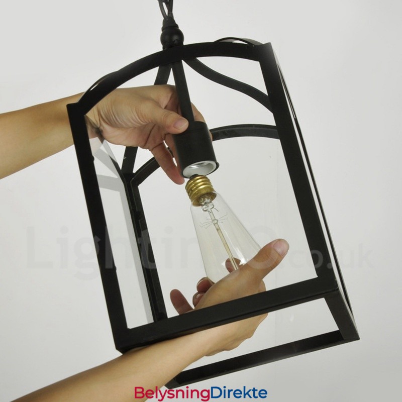 Rustikk Lodge-Pendellampe I Metall Med Glassskjerm