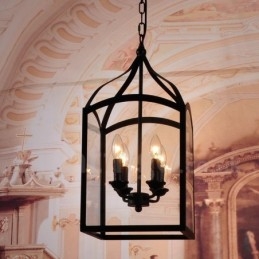 Rustikk Pendellampe I Svart Metall Med 4 Lys Og Glassskjerm