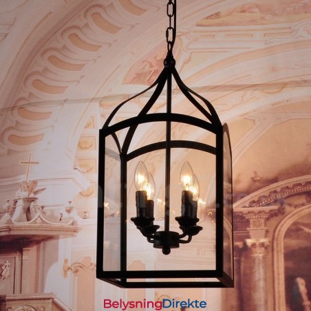 Rustikk Pendellampe I Svart Metall Med 4 Lys Og Glassskjerm