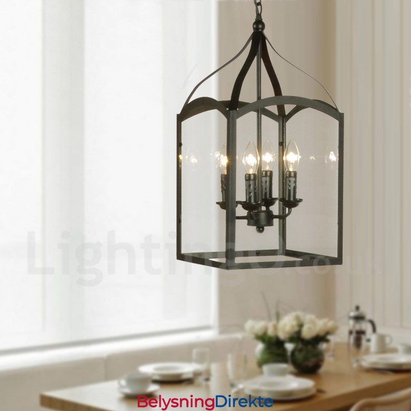 Rustikk Pendellampe I Svart Metall Med 4 Lys Og Glassskjerm