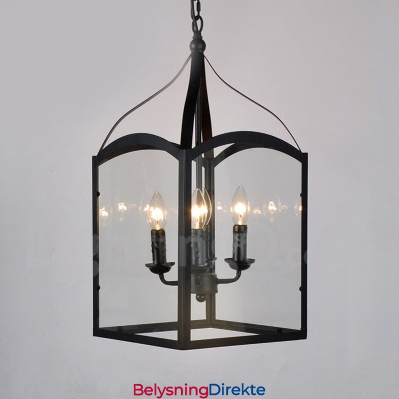 Rustikk Pendellampe I Svart Metall Med 4 Lys Og Glassskjerm